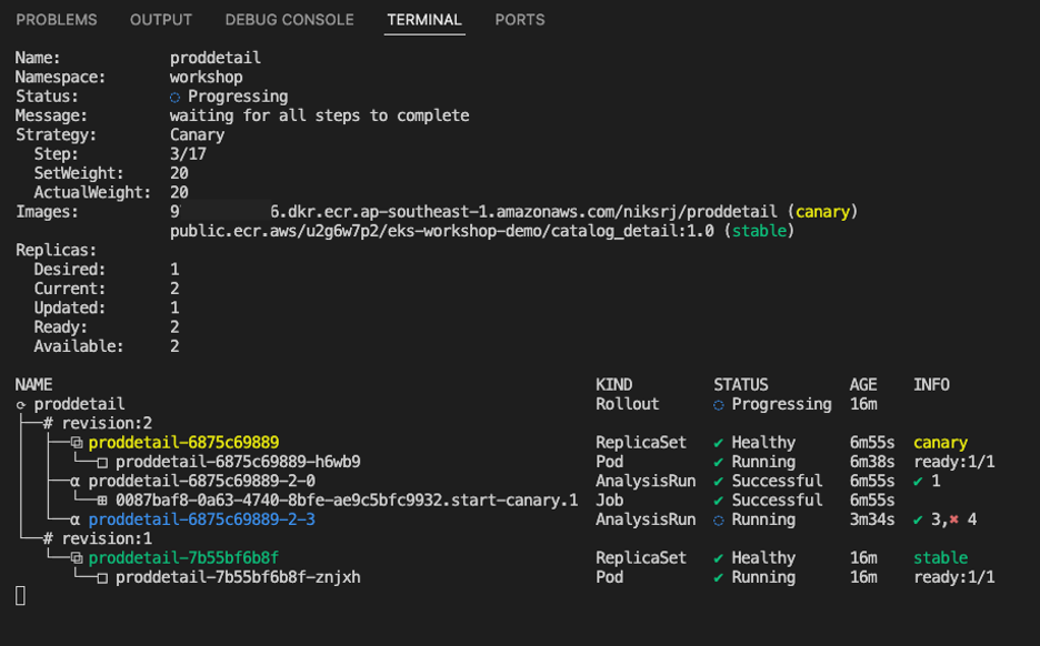 Argo rollout CLI showing canary replica with adjusted weights and analysis run