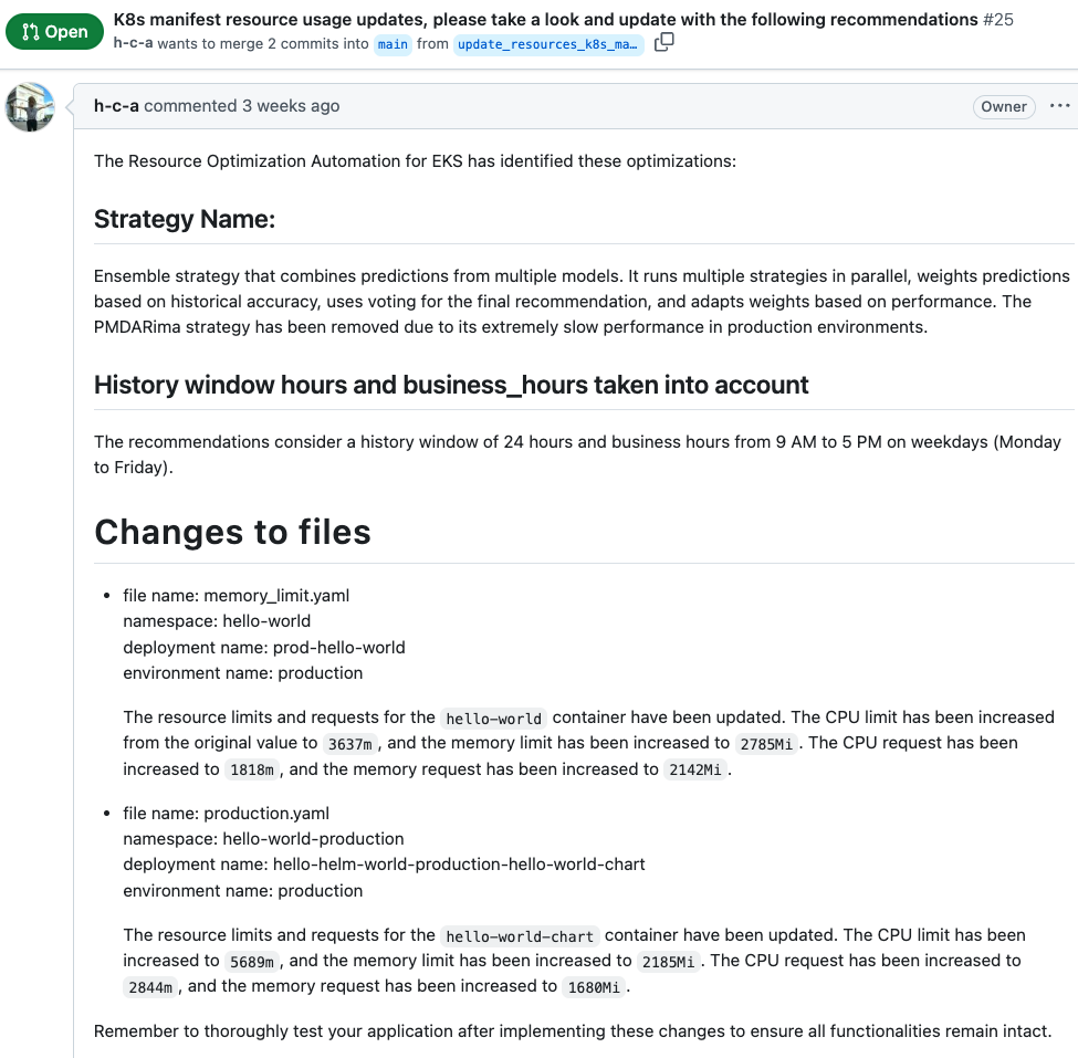 Example pull request description generated with the help of Amazon Bedrock on GitHub