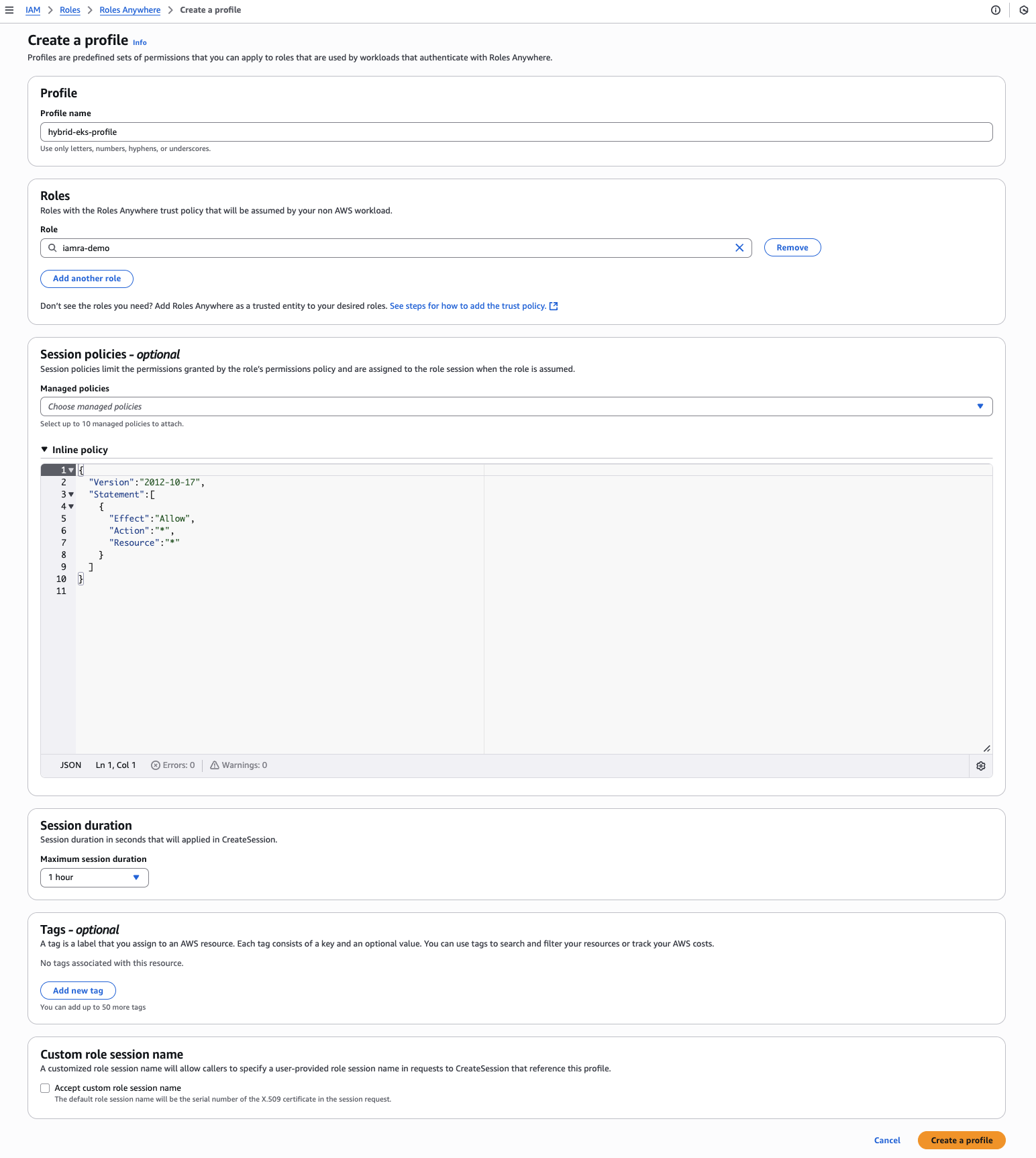 A screenshot showing the AWS IAM Roles Anywhere console to create a profile.