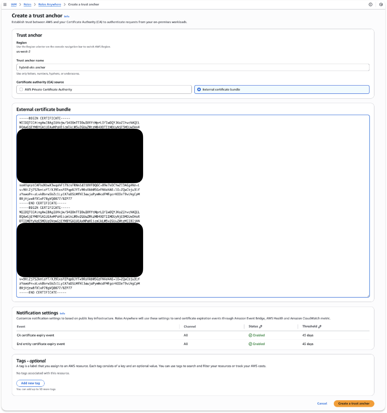 A screenshot showing the AWS IAM Roles Anywhere console to create a trust anchor.