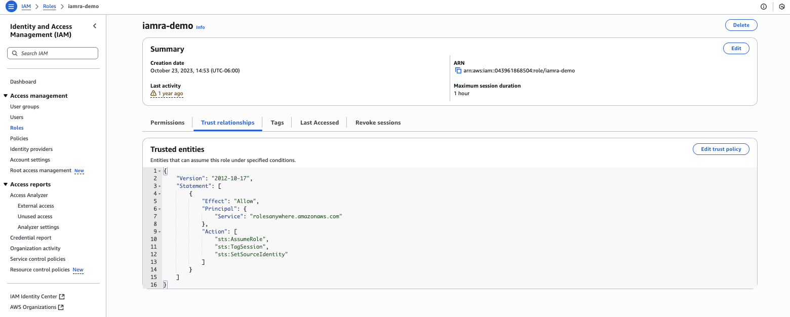 A screenshot showing the AWS IAM Roles Anywhere console to configure a trust relationship.