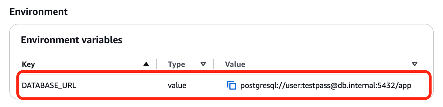 Development environment configuration showing PostgreSQL connection string with database credentials