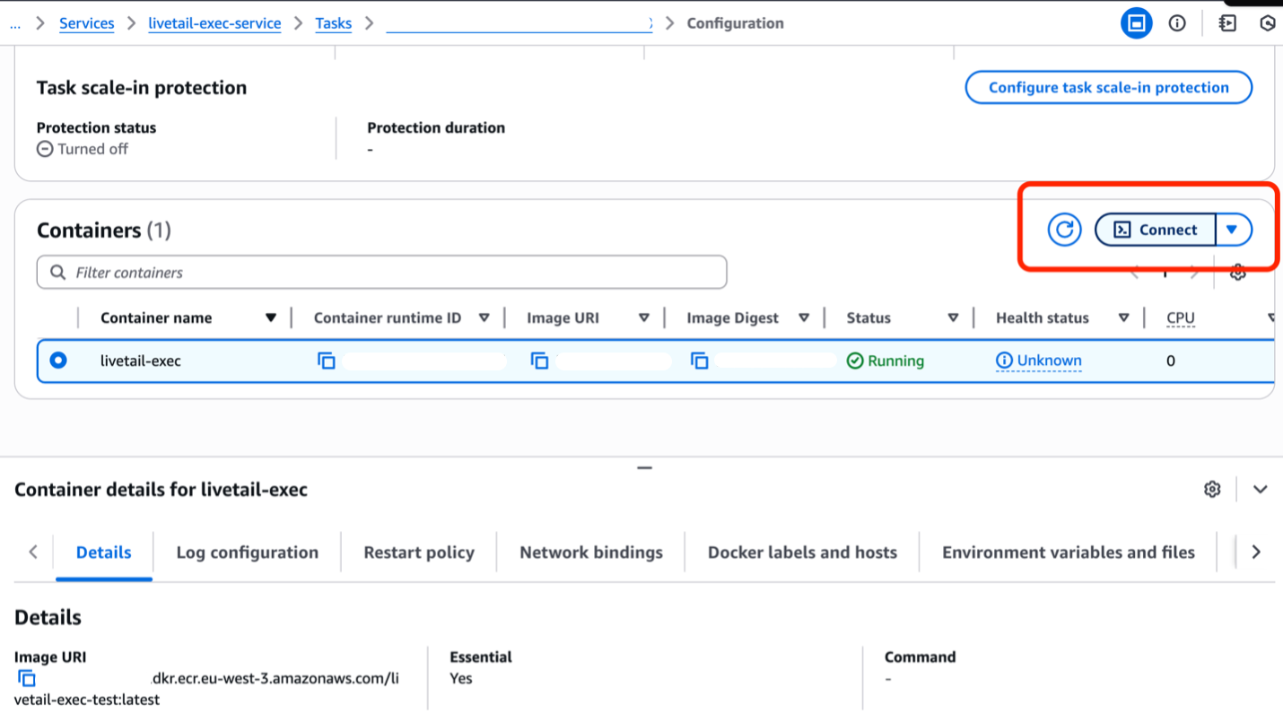 AWS ECS task configuration interface displaying Connect option on the right side