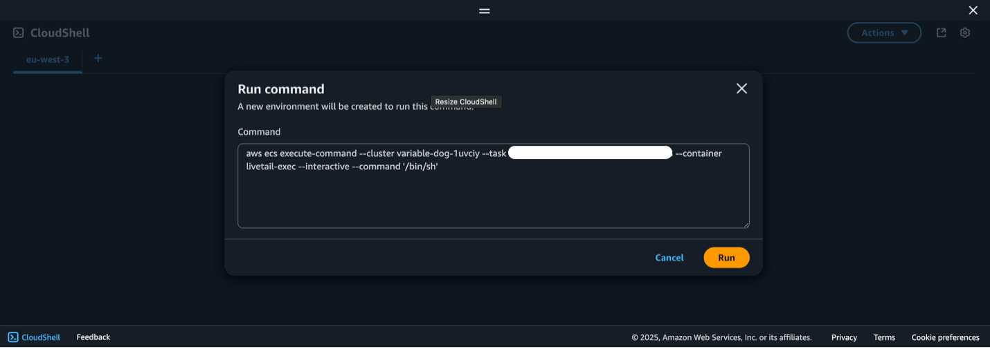 AWS CloudShell interface with ECS execute command for container interaction