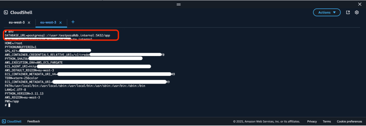 AWS CloudShell showing environment variables in container session