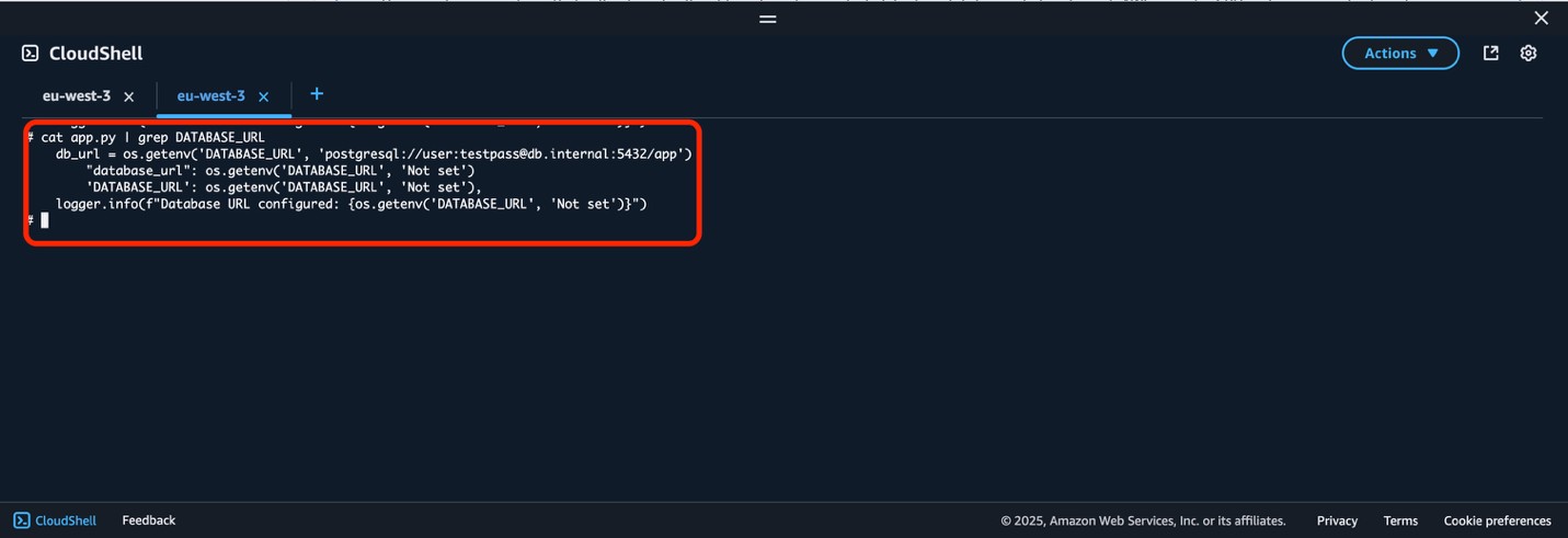 AWS CloudShell displaying Python script output for database configuration check