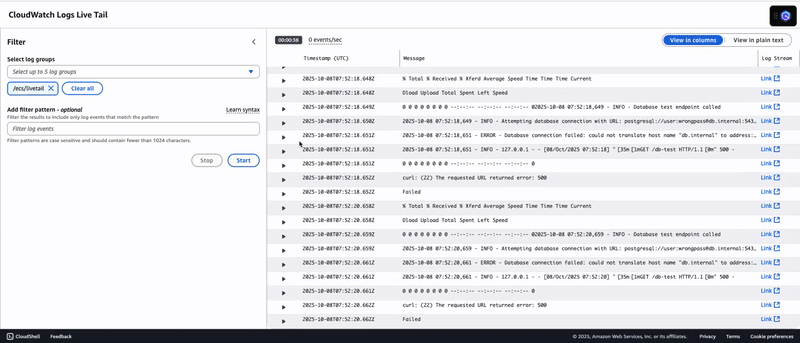 CloudWatch Logs Live Tail interface showing real-time log entries with timestamps and error messages