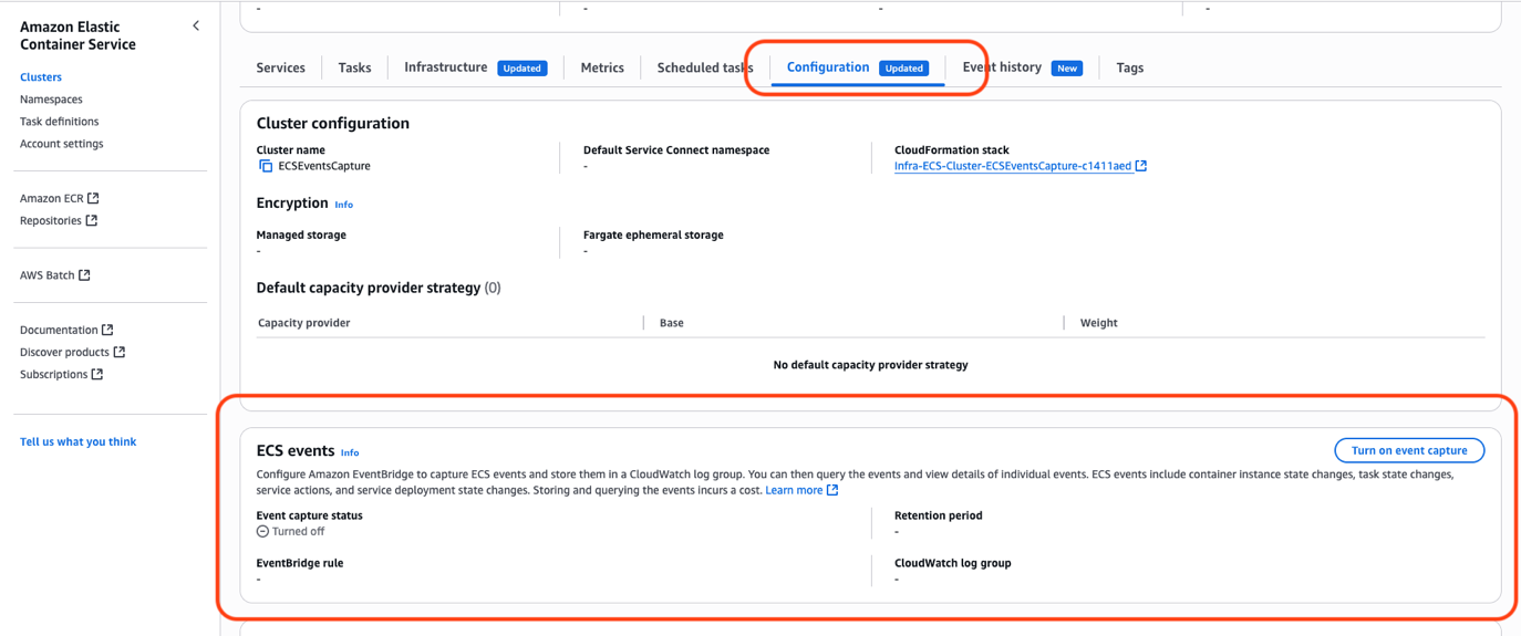 Comprehensive AWS ECS cluster management interface showcasing the configuration panel with multiple management features. The interface presents a hierarchical structure including service definitions, task management, and infrastructure settings. Key components include: Navigation tabs for Services, Tasks, Infrastructure, Configuration, and Event history ECS events section with EventBridge integration capabilities CloudFormation stack reference Capacity provider strategy settings Event capture configuration with CloudWatch integration Infrastructure monitoring and logging options The interface emphasizes AWS's integrated approach to container orchestration and monitoring, allowing users to configure event capture for comprehensive container lifecycle management.