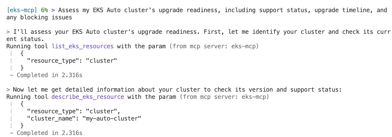Figure 2: Screenshot of terminal output displaying available EKS cluster "my-auto-cluster"