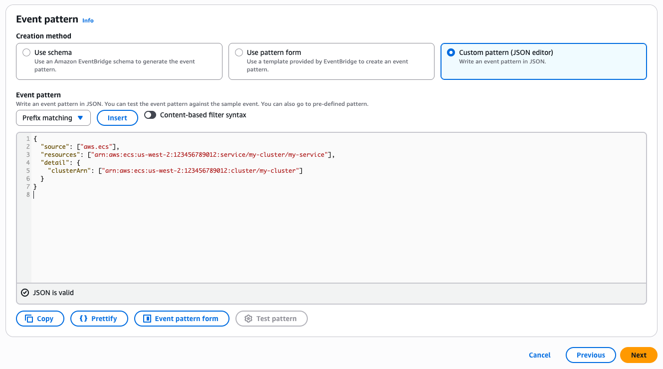 EventBridge event pattern editor showing JSON configuration for ECS cluster monitoring