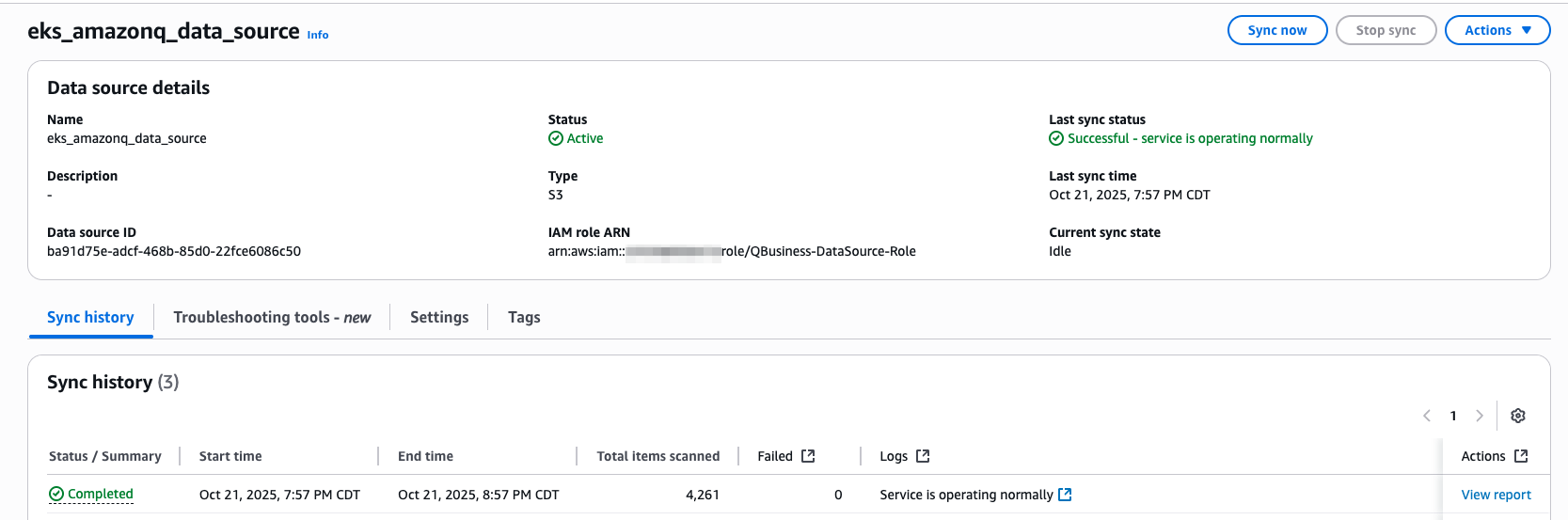 Figure 8: Sync Amazon Q Business data source