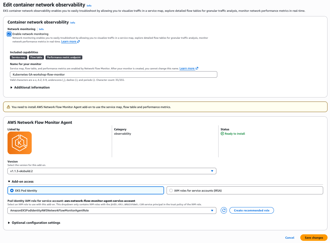 Screenshot of the network monitoring setup dialog in the Amazon EKS console.