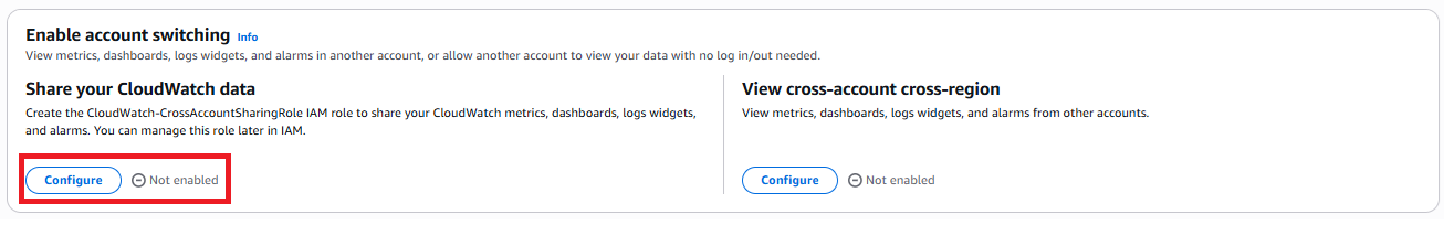 Screenshot of the Amazon CloudWatch All Metrics console showing the Account ID and Region selector dropdowns enabled after configuring cross-account cross-Region functionality. These selectors allow monitoring metrics and traces across multiple accounts and Regions from a single console without switching contexts.